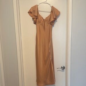 Chic Tan Midi Dress with Ruffle Sleeves